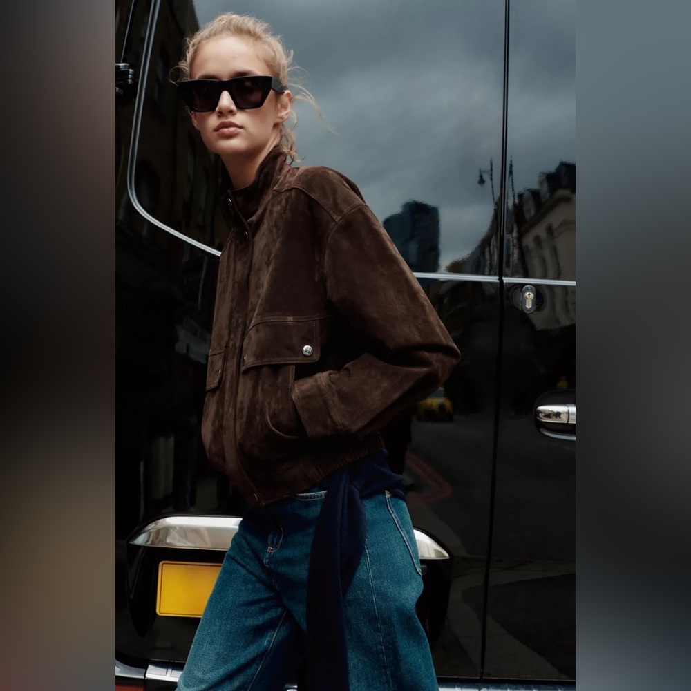 Zara Brown Real natural Suede bomber Jacket size S - Picture 4 of 11